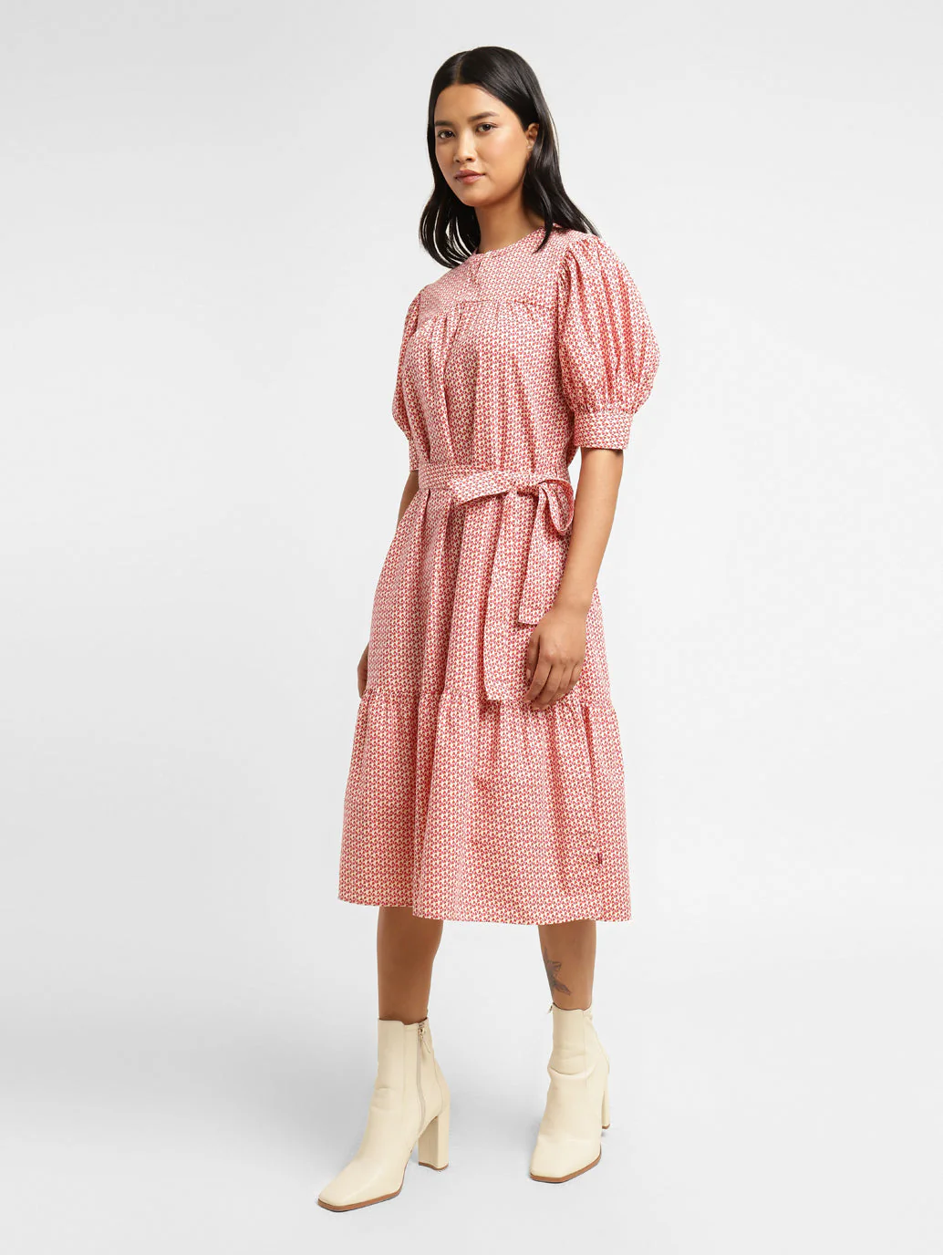 Women's Printed Cream Round Neck Dress - Image 4