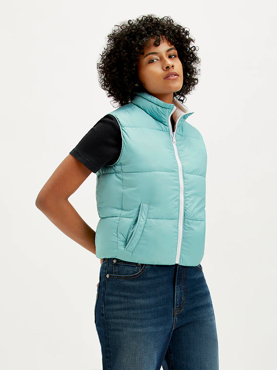 Women's Quilted Light-Blue High Neck Puffer Jacket - Image 5