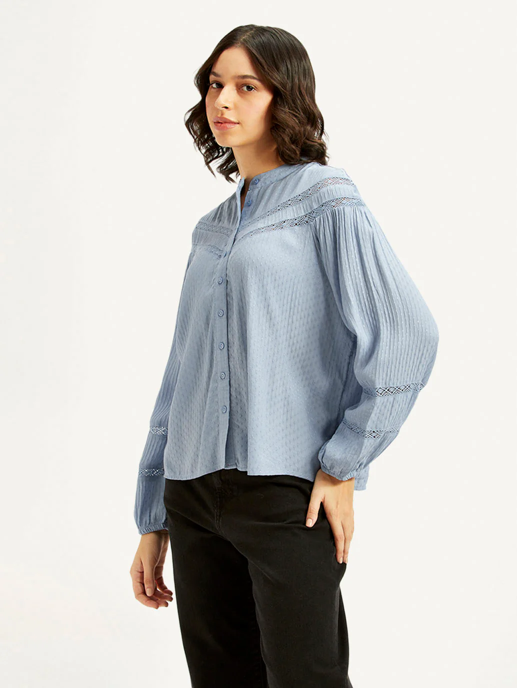 Women's Self Design Blue Mandarin Collar Top - Image 5