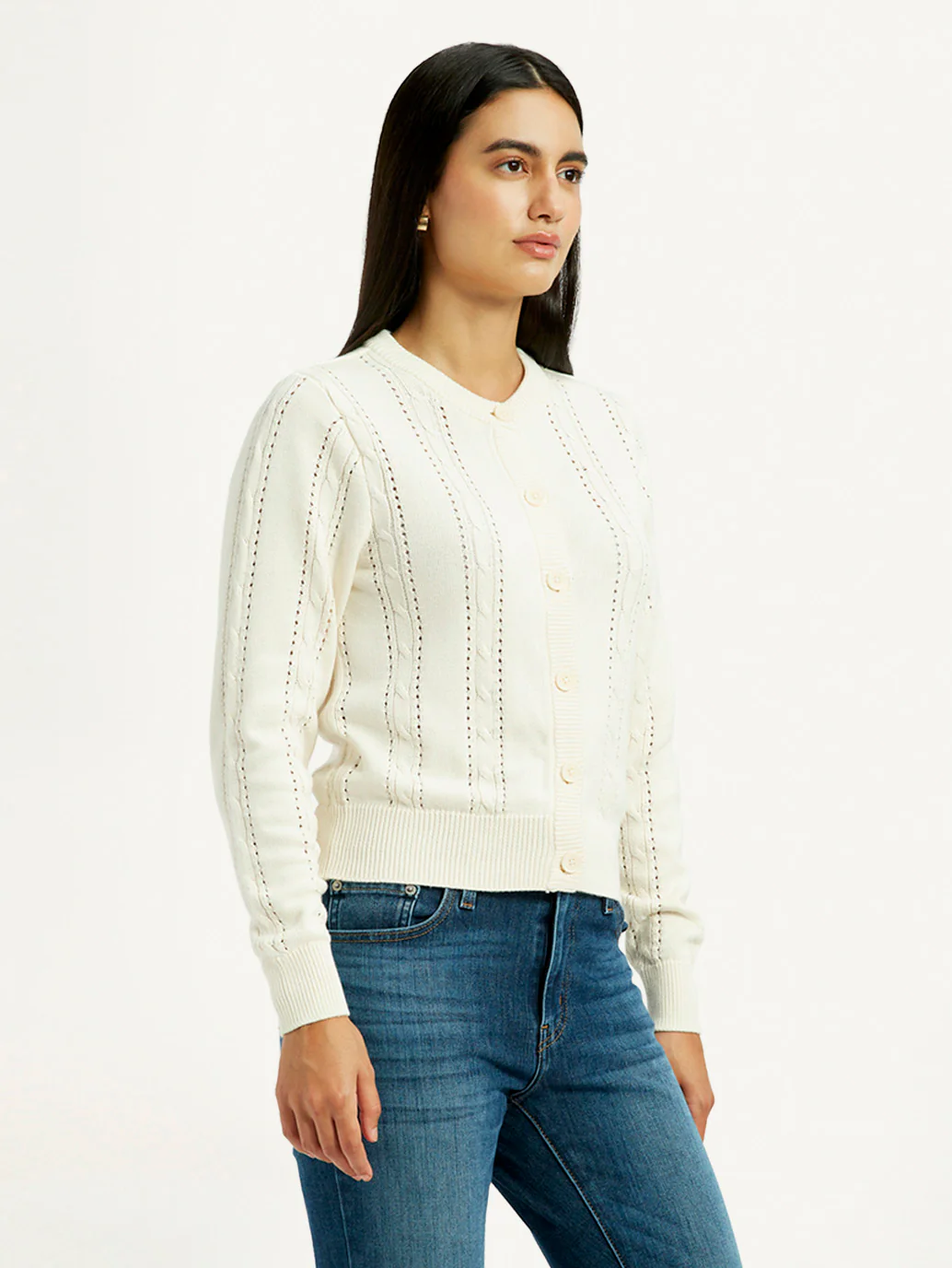 Women's Self Design Cream Round Neck Sweater - Image 4