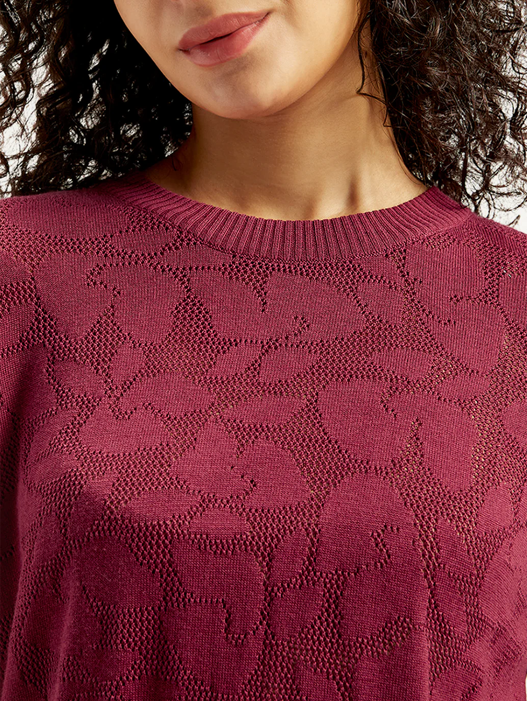 Women's Self Design Maroon Crew Neck Sweater - Image 6