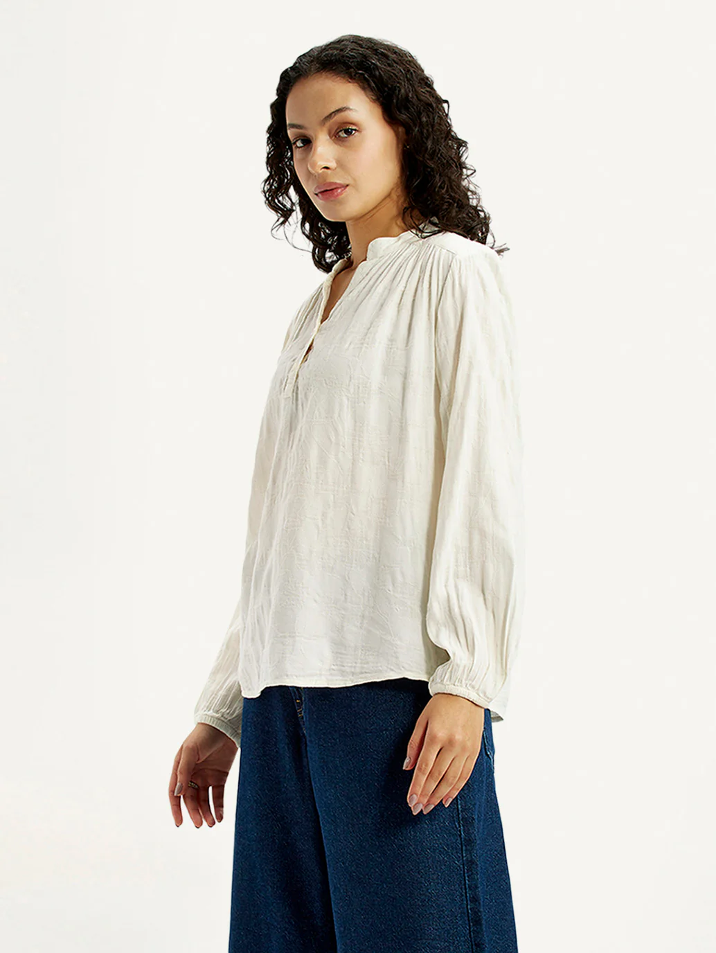 Women's Self Design Off White Mandarin Collar Top - Image 4