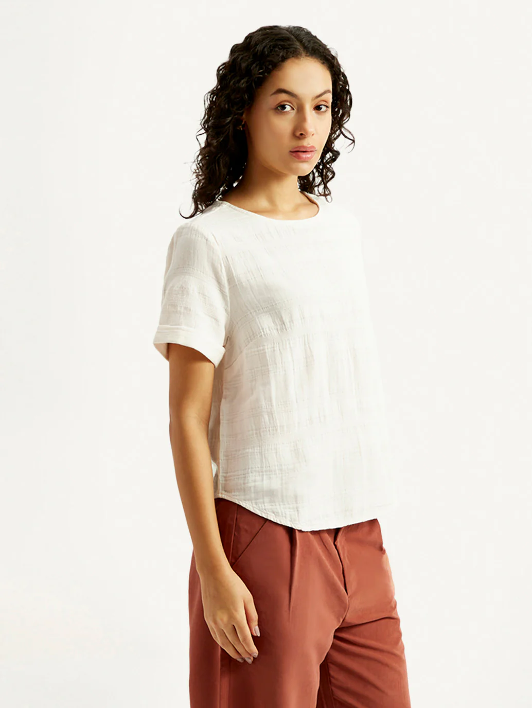 Women's Self Design Off White Round Neck Top - Image 5