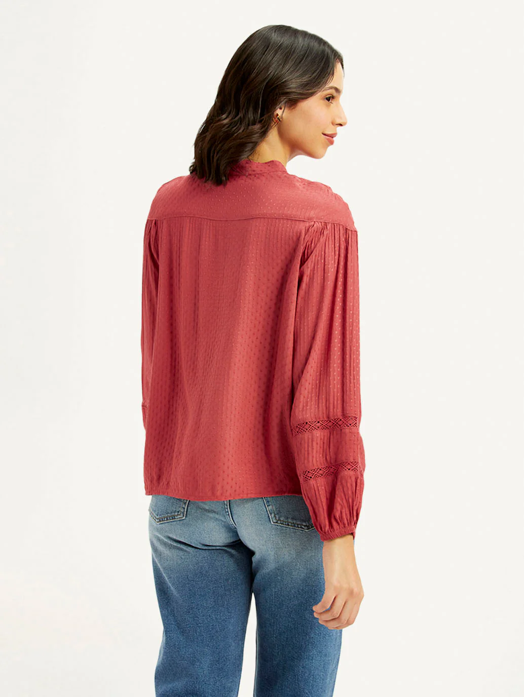 Women's Self Design Red Mandarin Collar Top - Image 3