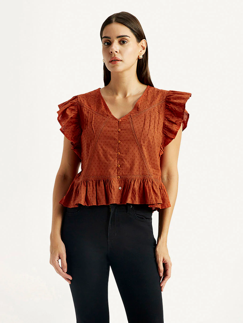 Women's Self Design Rust V-Neck Top - Image 2