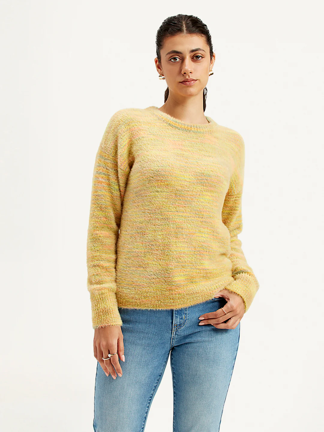 Women's Self Pattern Yellow Crew Neck Sweater - Image 2