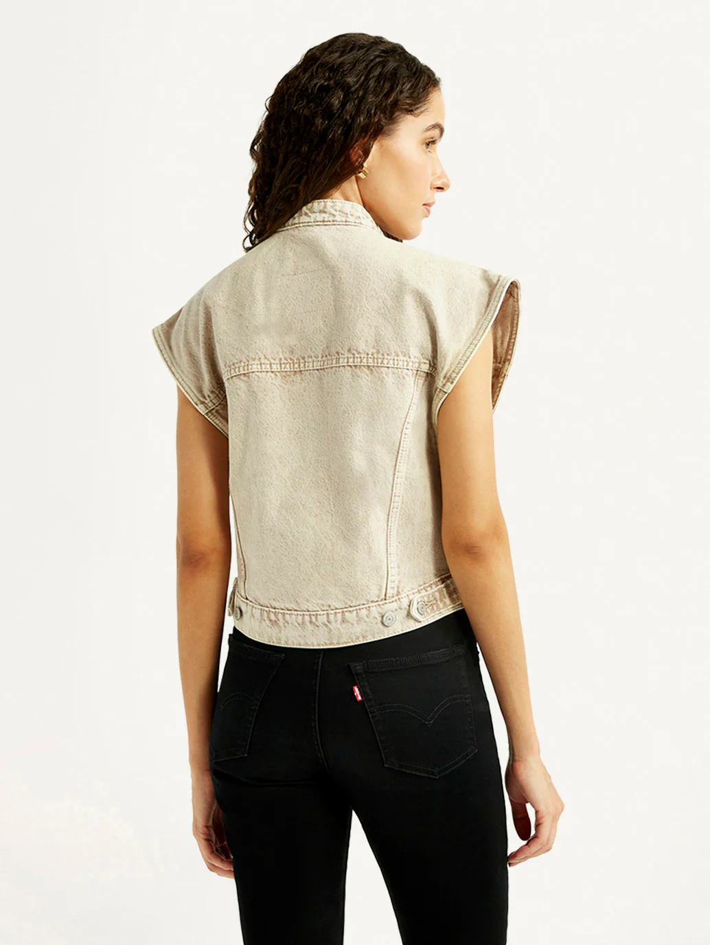 Women's Solid Beige Denim Jacket - Image 3