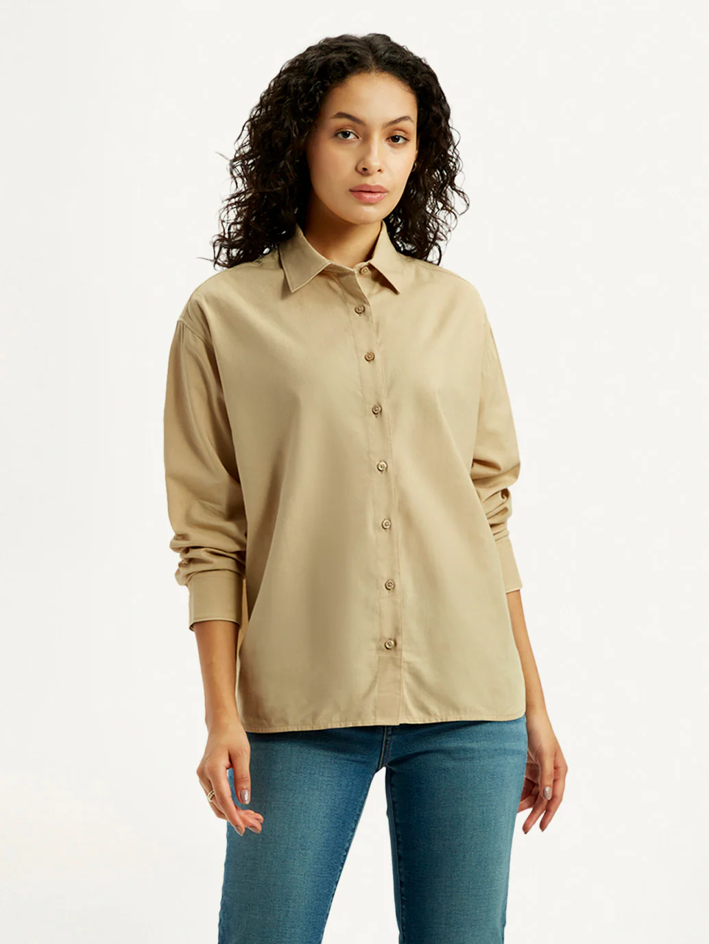 Women's Solid Beige Relaxed Fit Shirt - Image 3