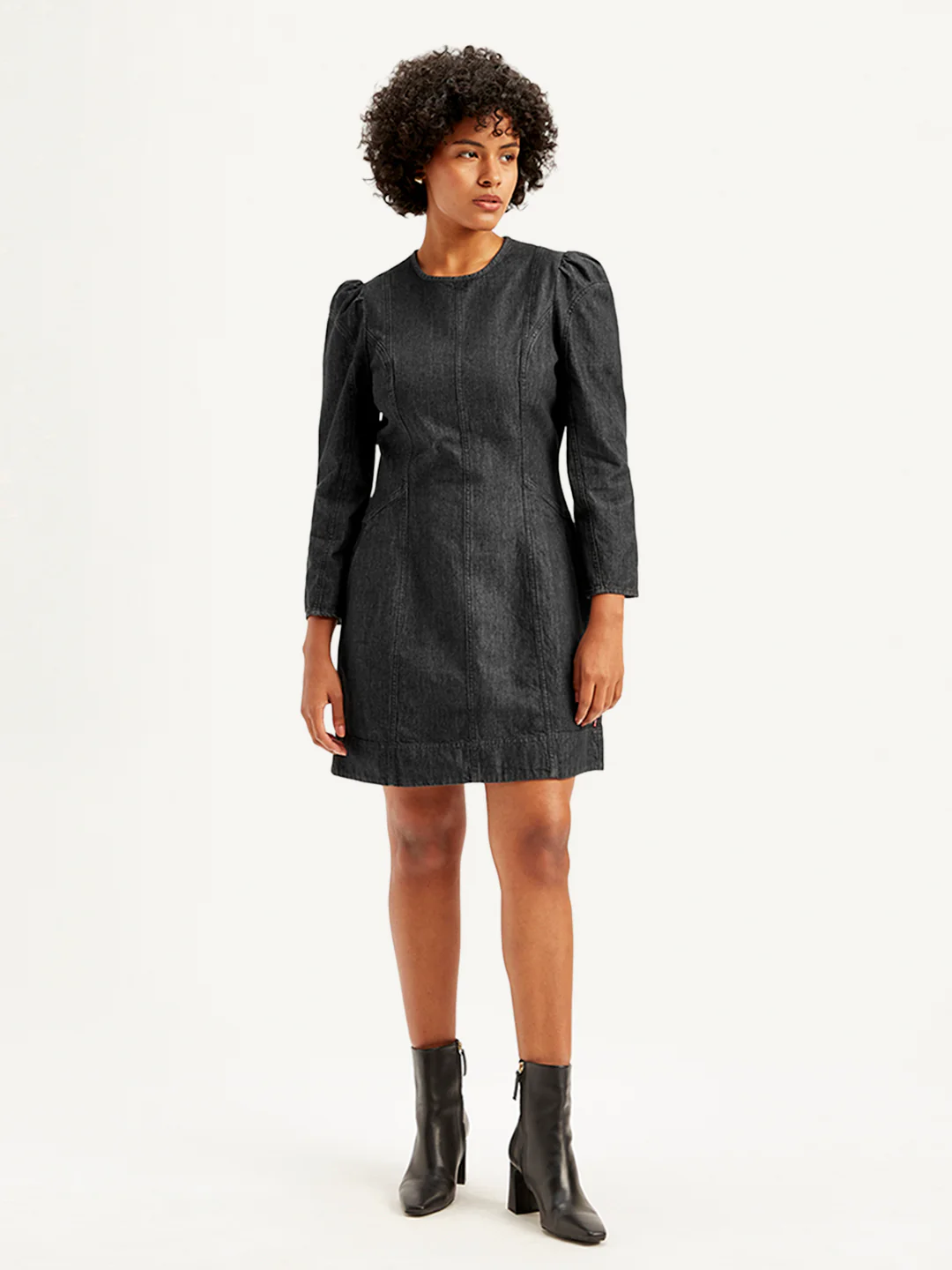 Women's Solid Black Round Neck Denim Dress
