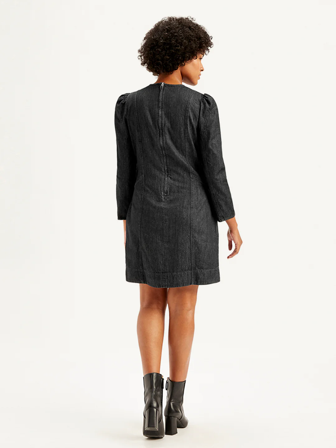 Women's Solid Black Round Neck Denim Dress - Image 2