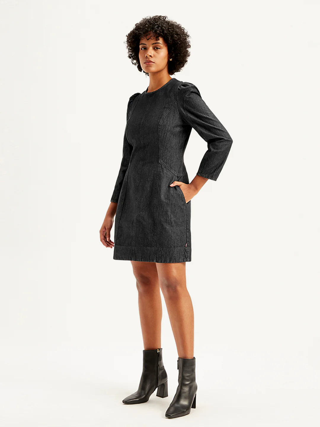 Women's Solid Black Round Neck Denim Dress - Image 3