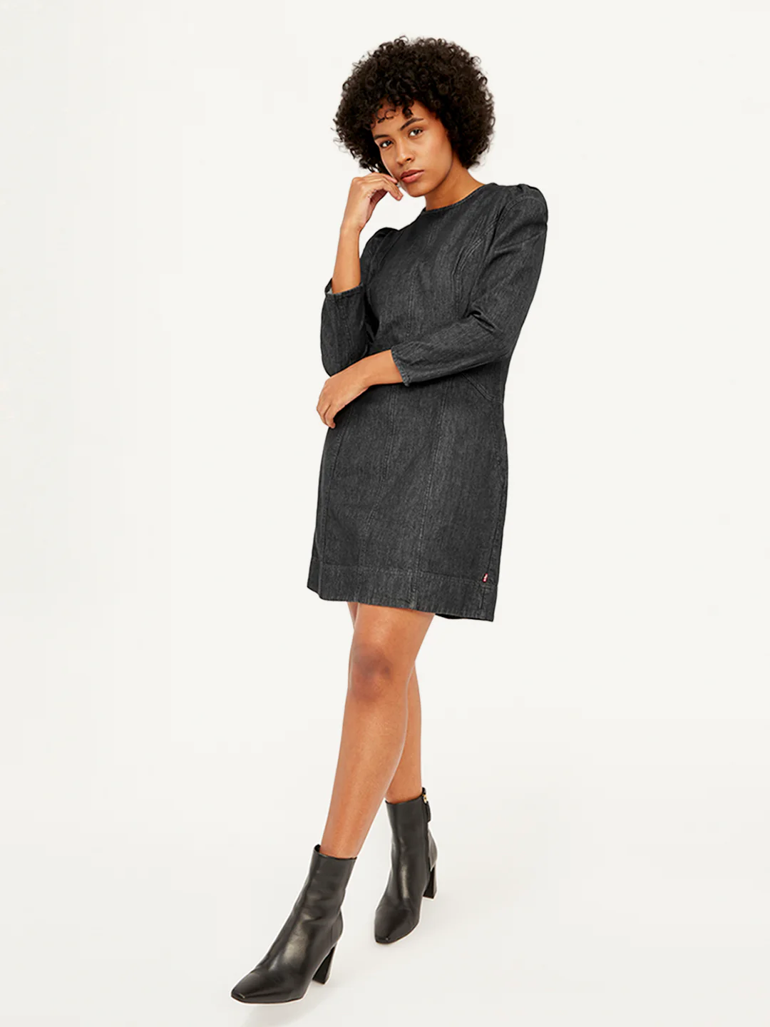 Women's Solid Black Round Neck Denim Dress - Image 5