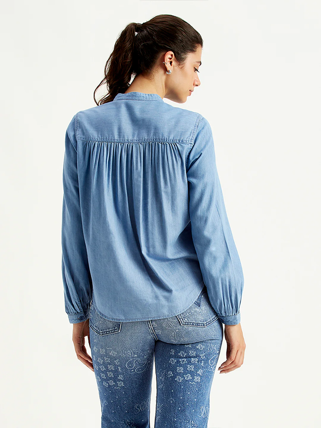 Women's Solid Blue Band Neck Top - Image 2