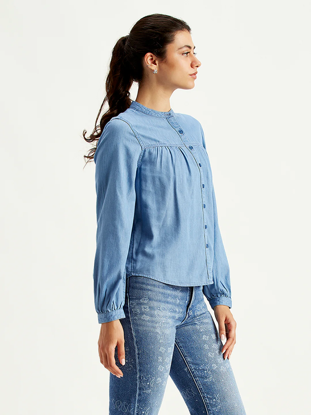 Women's Solid Blue Band Neck Top - Image 3