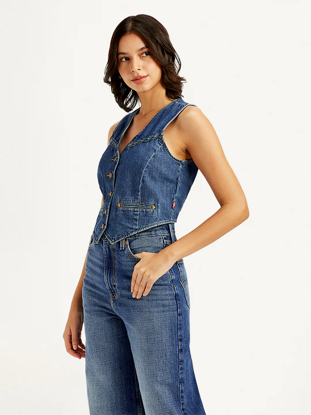 Women's Solid Blue Denim Waistcoat - Image 3