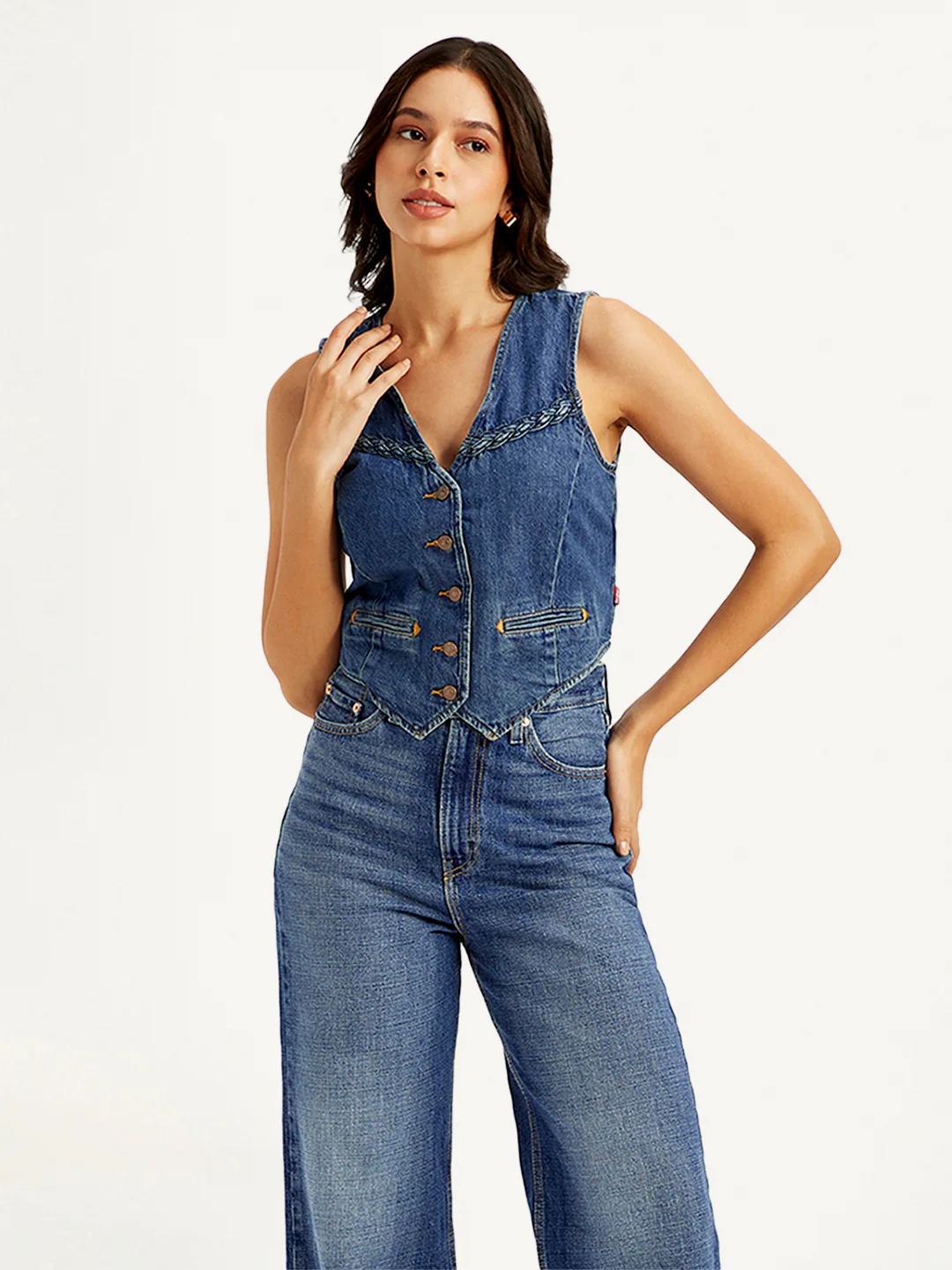 Women's Solid Blue Denim Waistcoat - Image 5