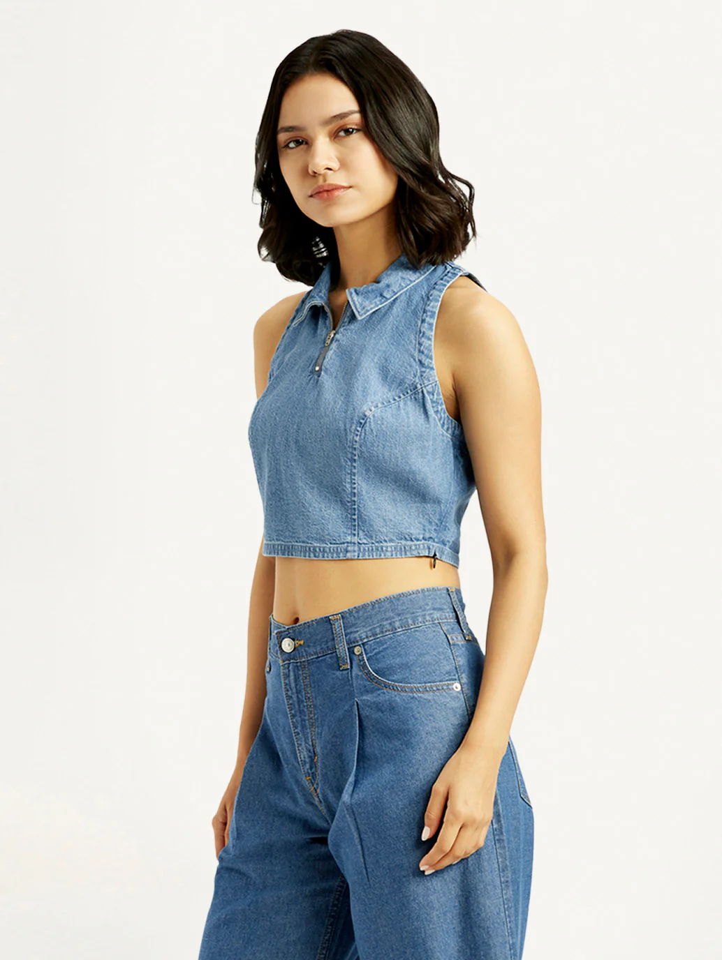 Women's Solid Blue Polo Collar Denim Crop Top - Image 5