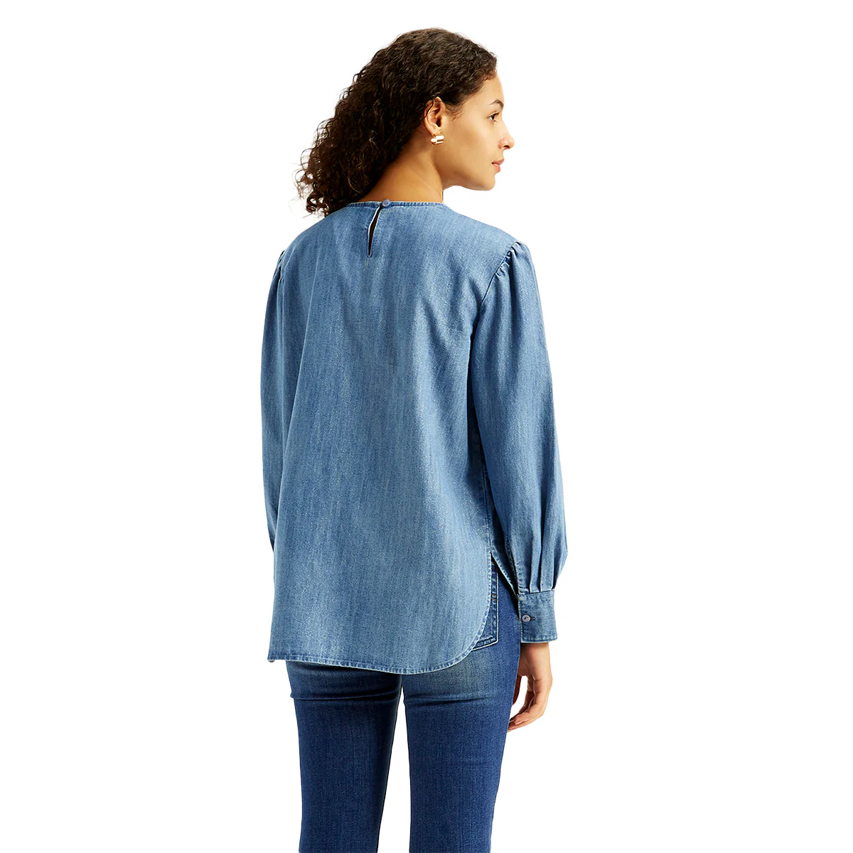 Women's Solid Blue Round Neck Denim Top - Image 2