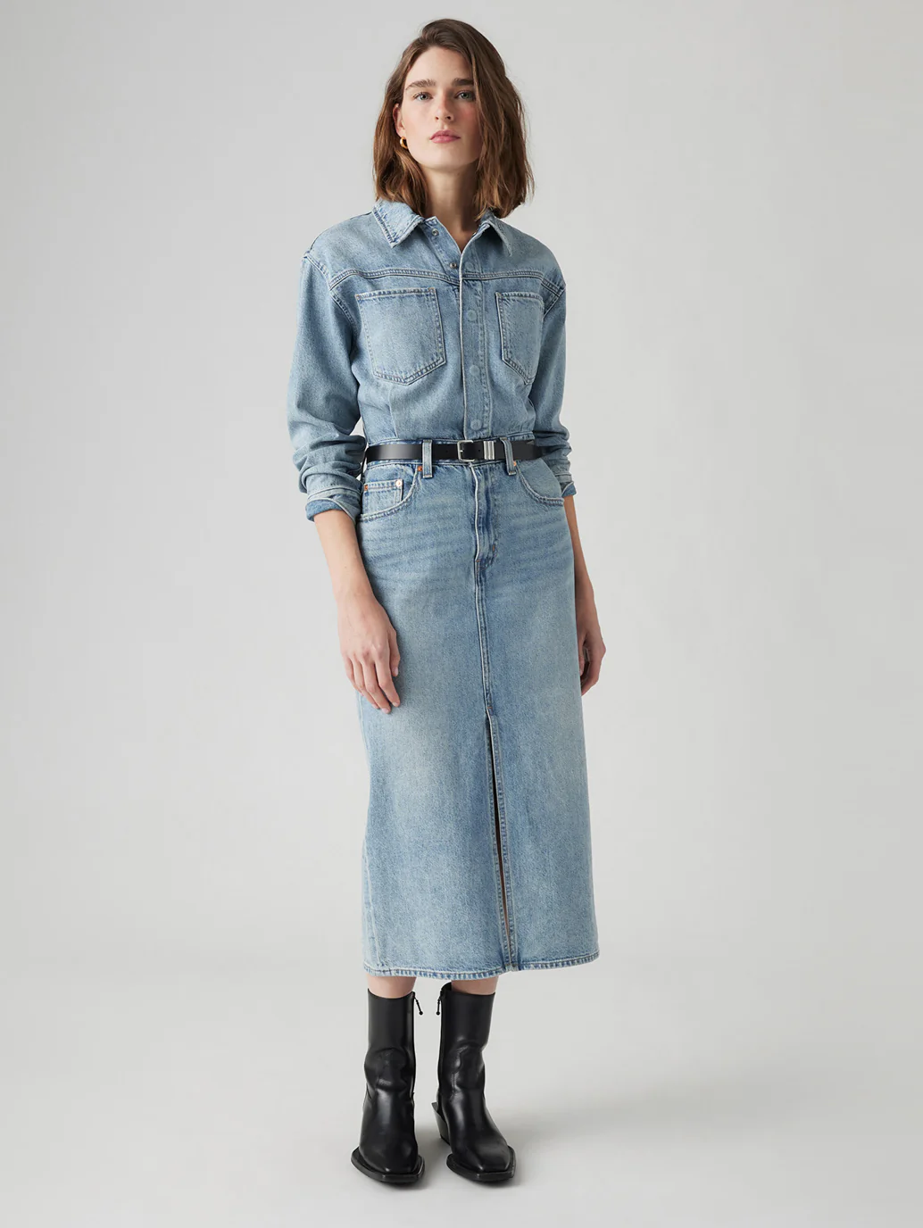 Women's Solid Blue Spread Collar Denim Dress - Image 2