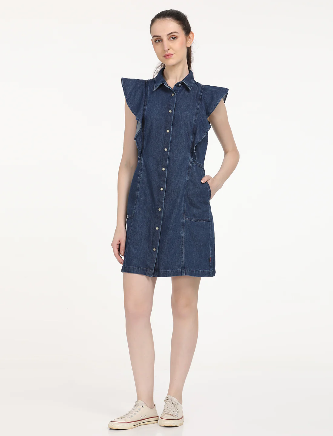 Women's Solid Blue Spread Collar Denim Dress