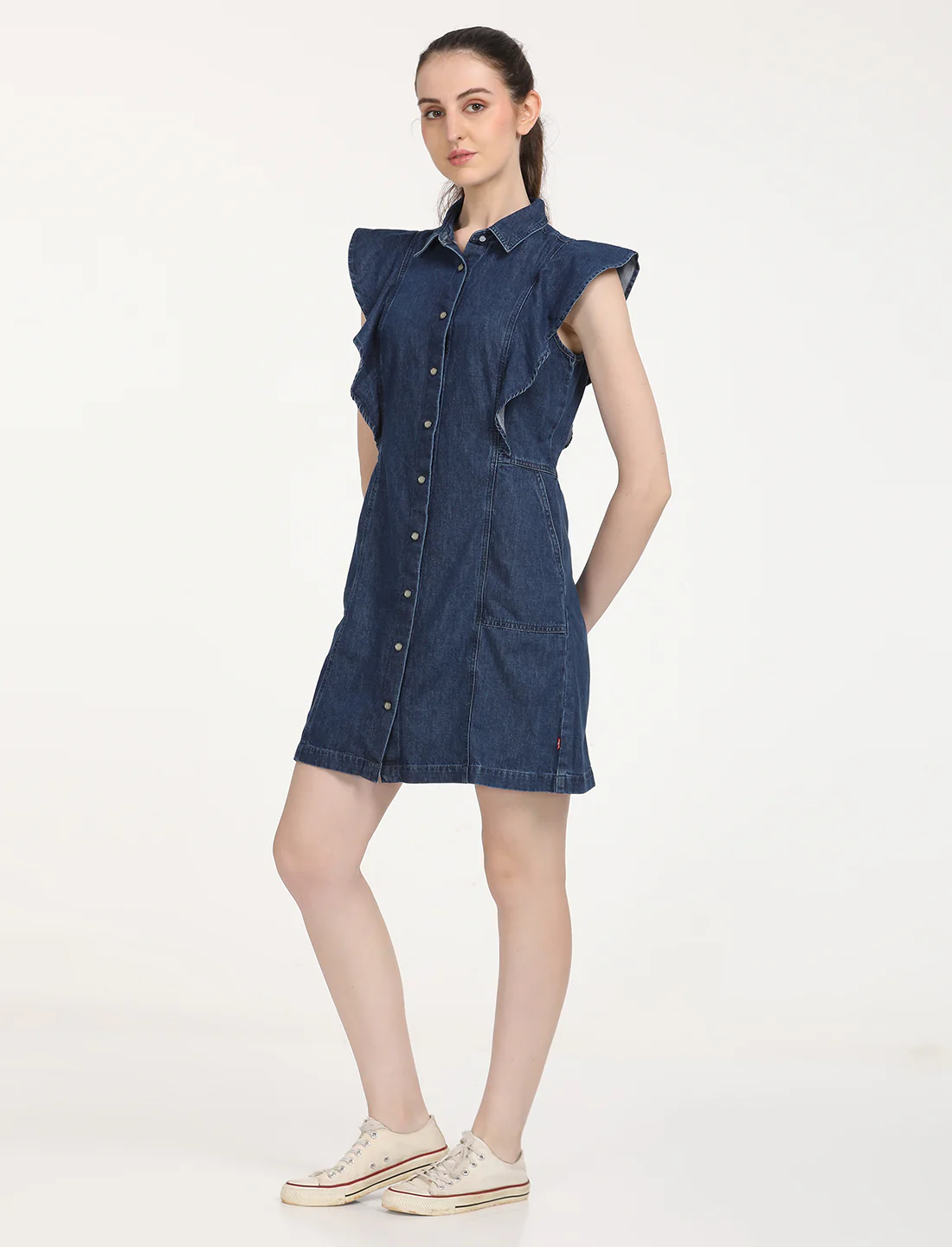 Women's Solid Blue Spread Collar Denim Dress - Image 2