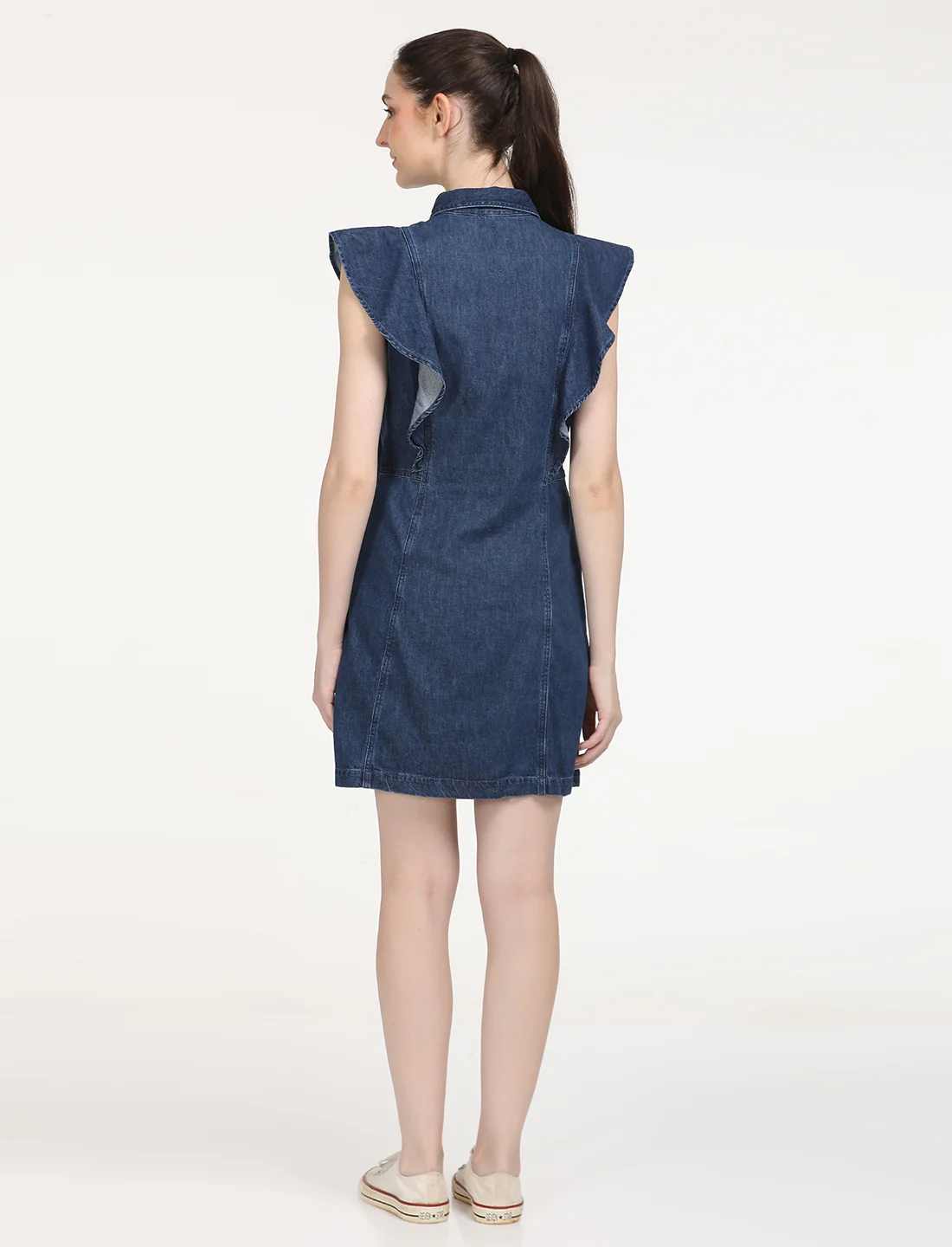 Women's Solid Blue Spread Collar Denim Dress - Image 3