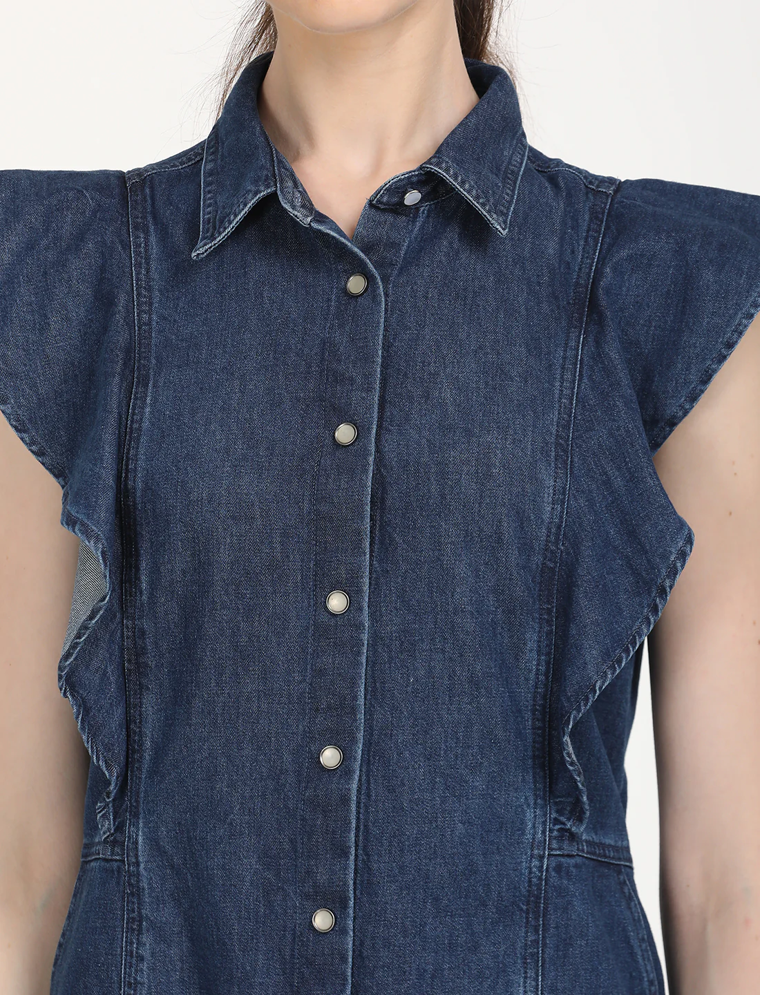 Women's Solid Blue Spread Collar Denim Dress - Image 4