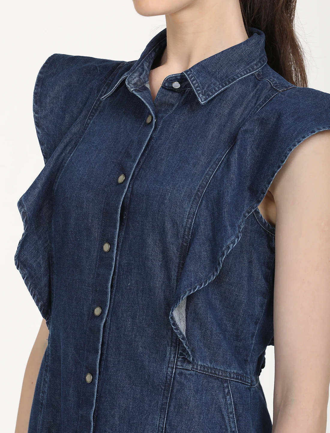 Women's Solid Blue Spread Collar Denim Dress - Image 5