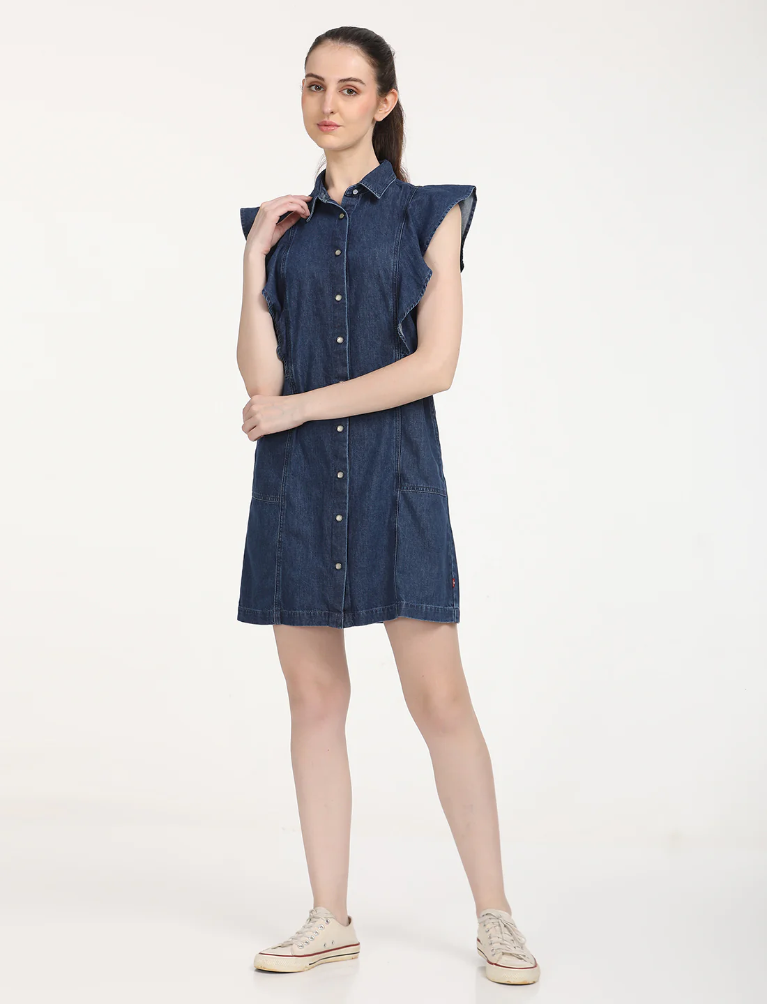 Women's Solid Blue Spread Collar Denim Dress - Image 7