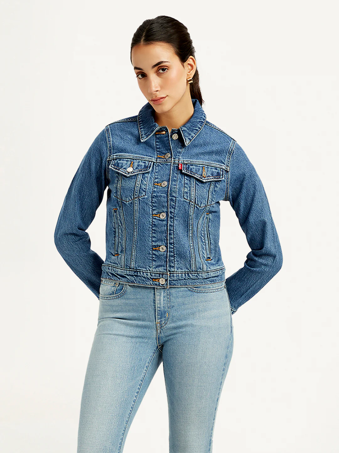 Women's Solid Blue Spread Collar Denim Jacket - Image 2