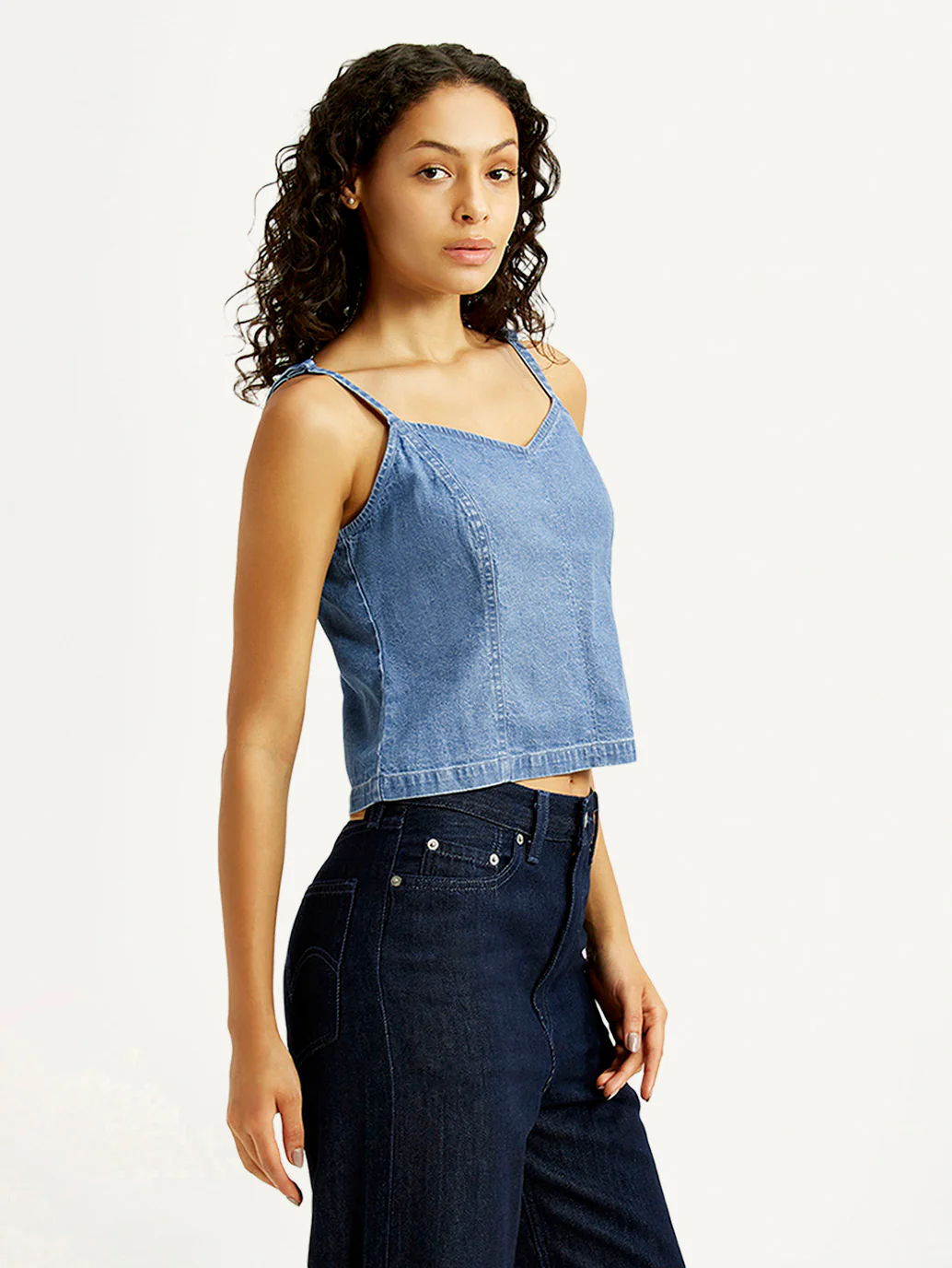 Women's Solid Indigo Sweet Heart Neck Denim Top - Image 5