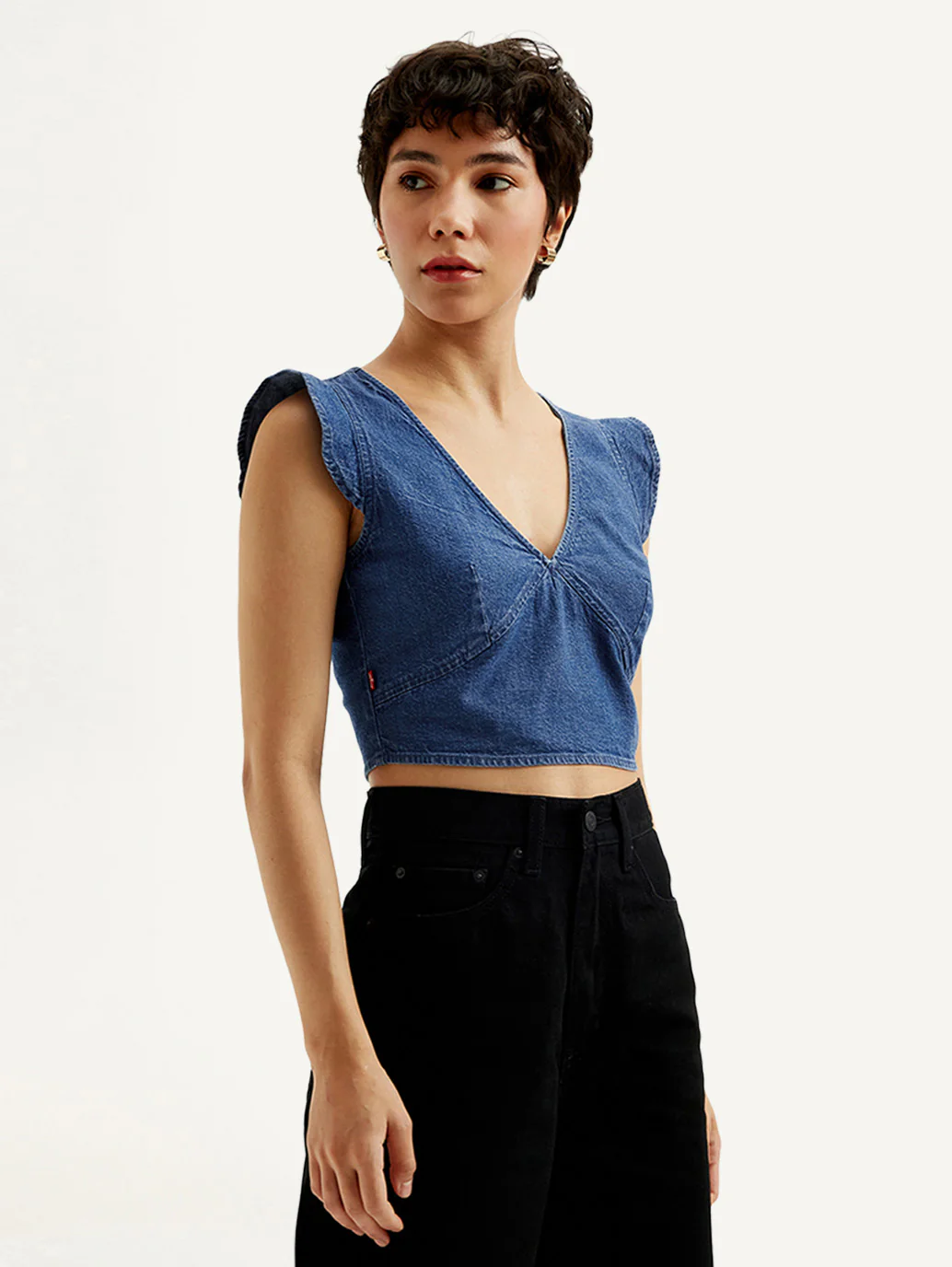 Women's Solid Blue V-Neck Denim Crop Top - Image 4