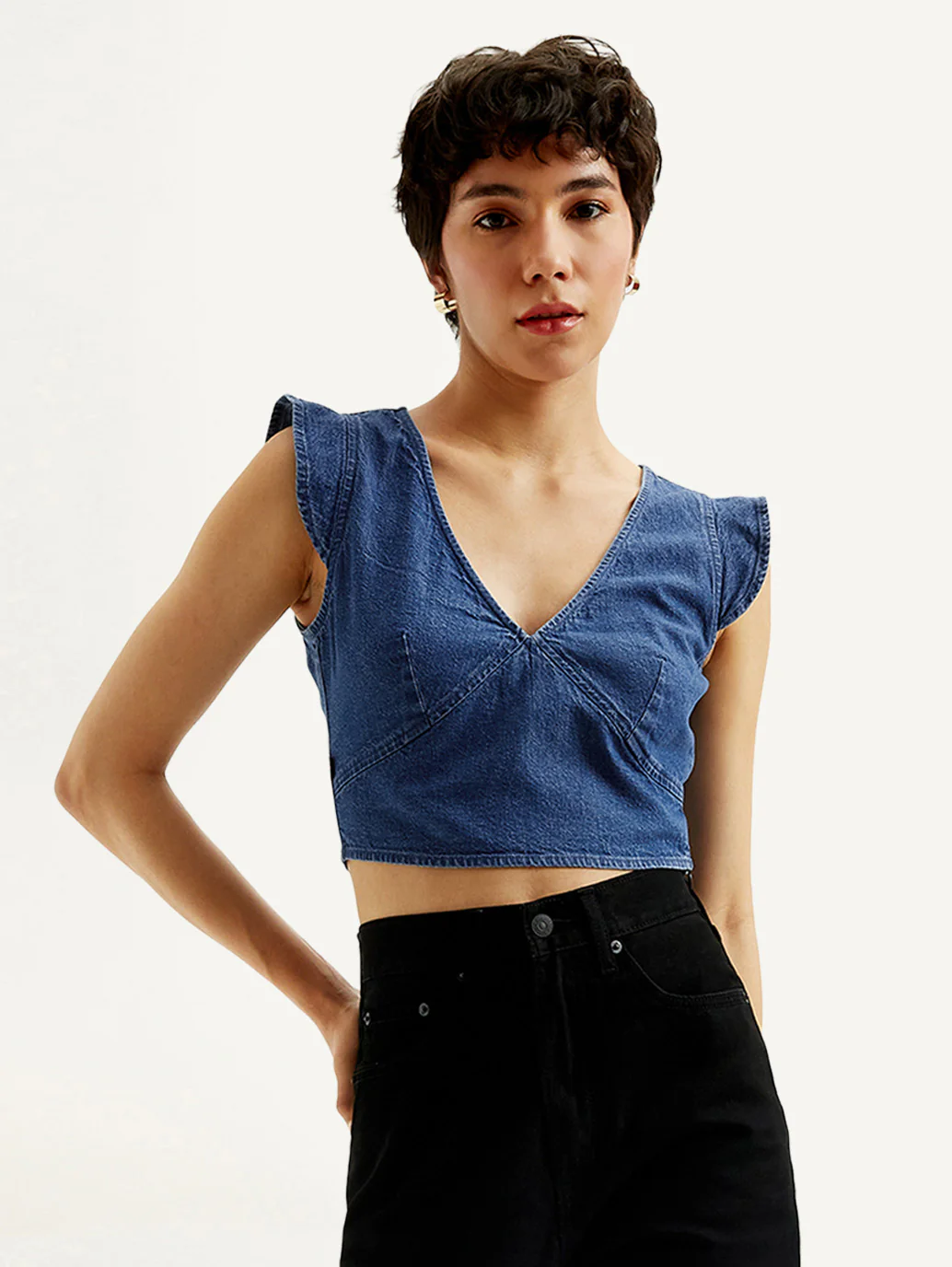 Women's Solid Blue V-Neck Denim Crop Top - Image 5