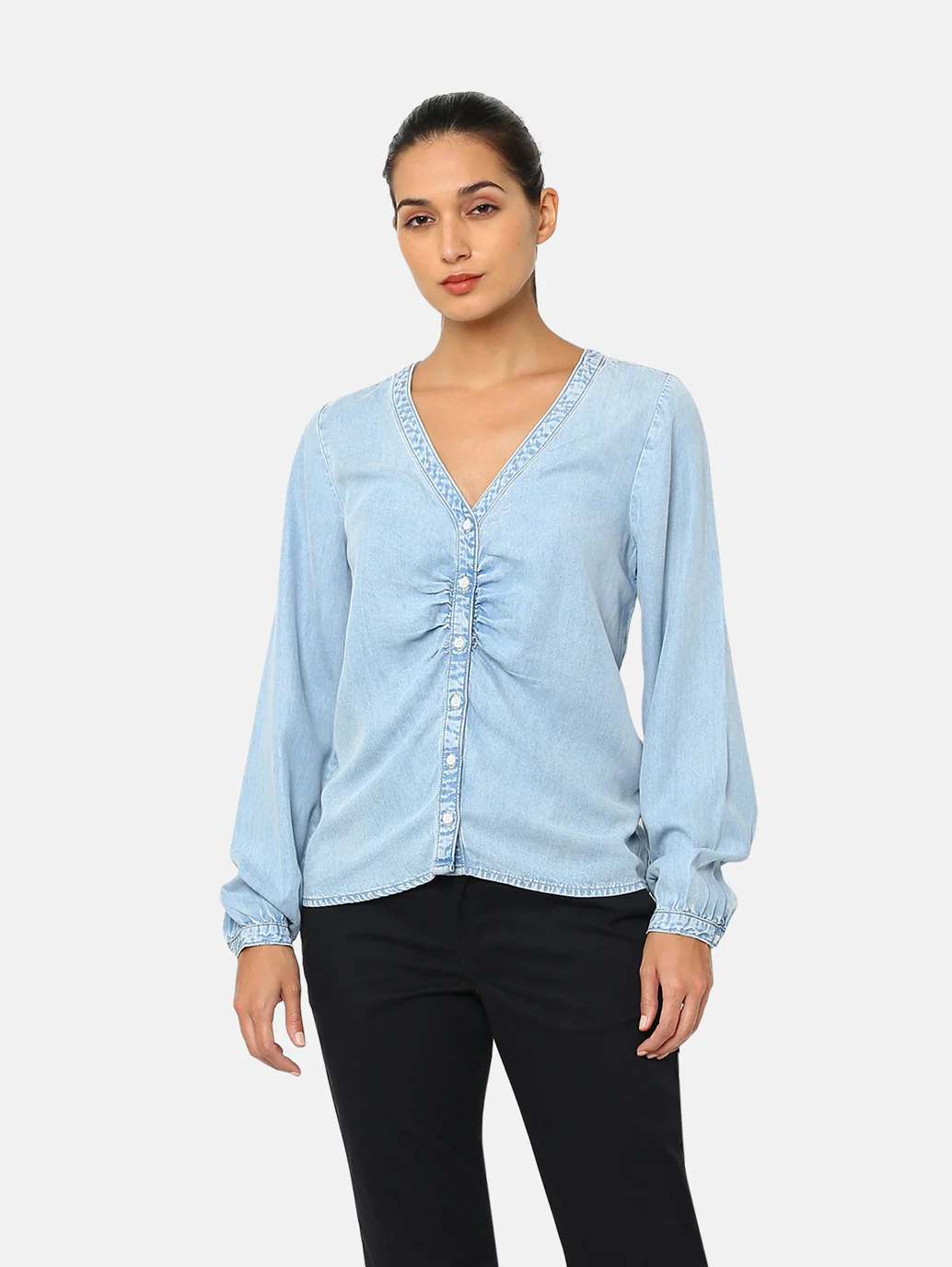 Women's Solid Blue V Neck Lace Top - Image 7