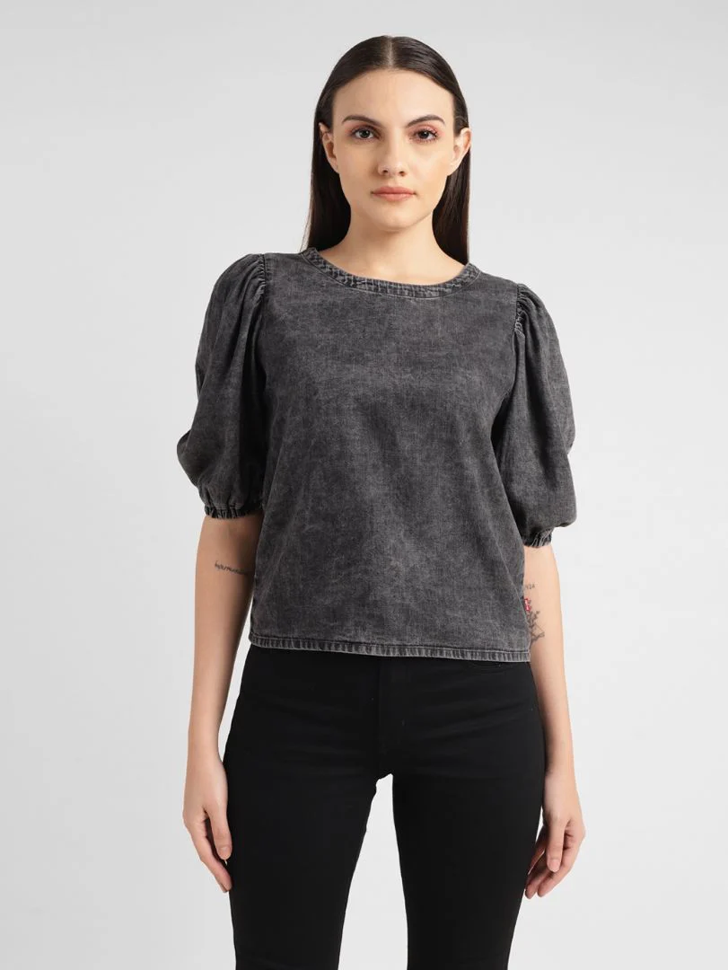 Women's Solid Charcoal Grey Round Neck Top - Image 7