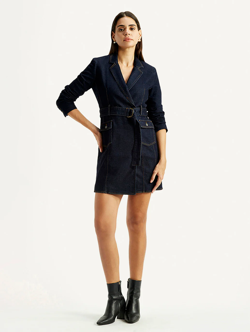 Women's Solid Dark Blue Notched Lapel Dress