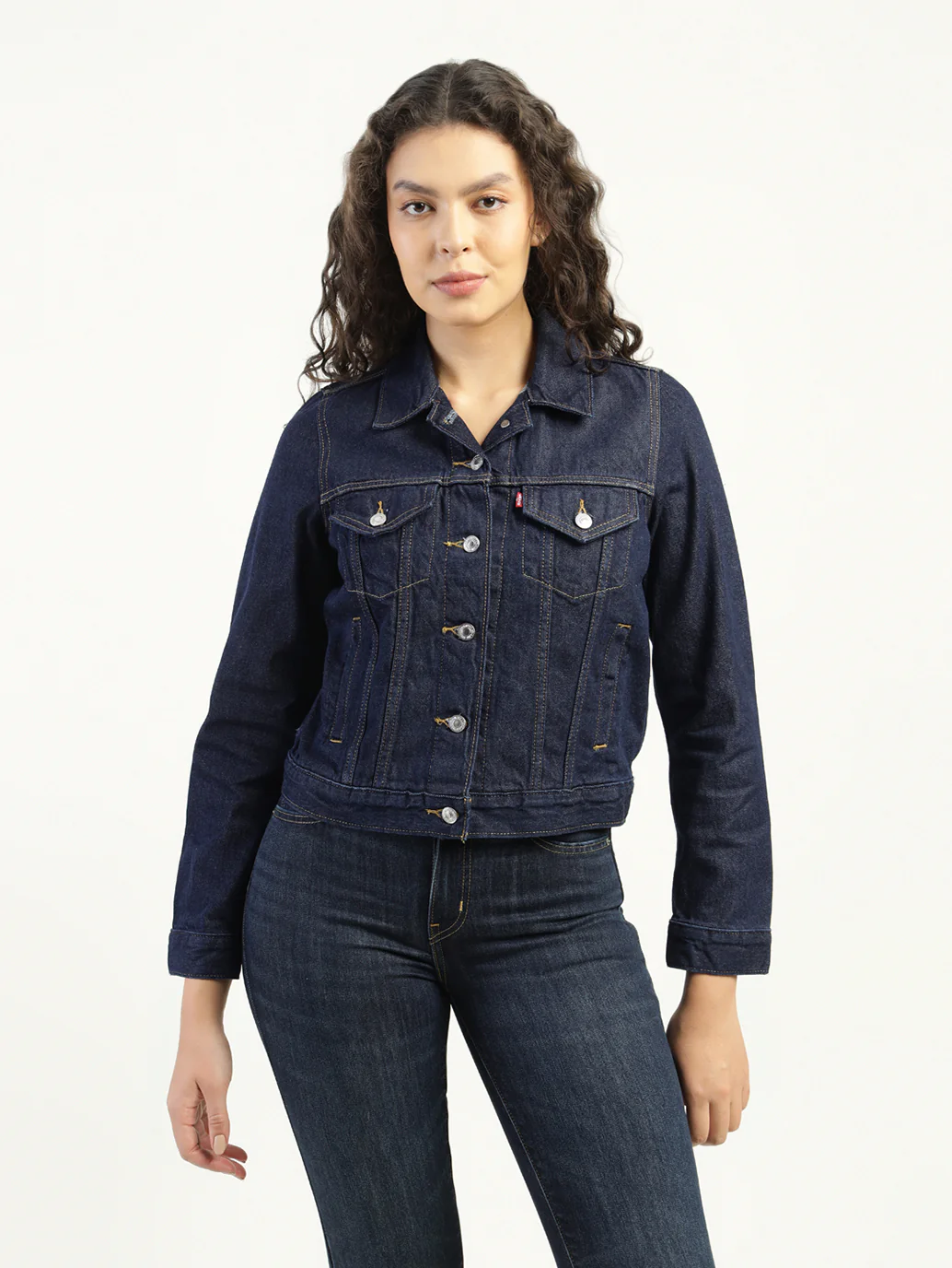Women's Solid Dark Blue Spread Collar Denim Jacket - Image 2