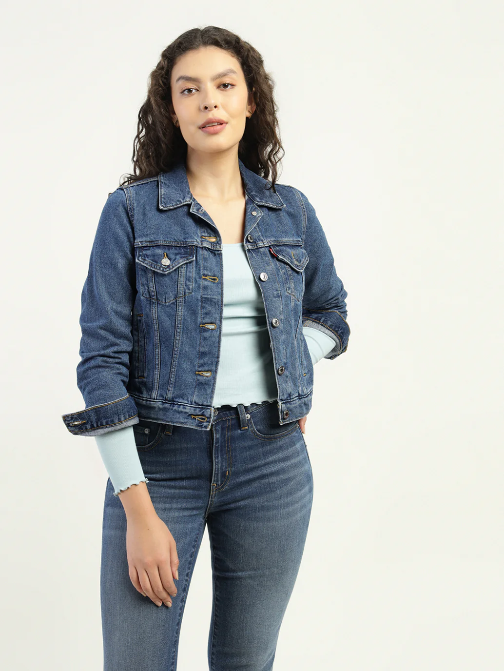 Women's Solid Dark Blue Spread Collar Denim Jacket - Image 2