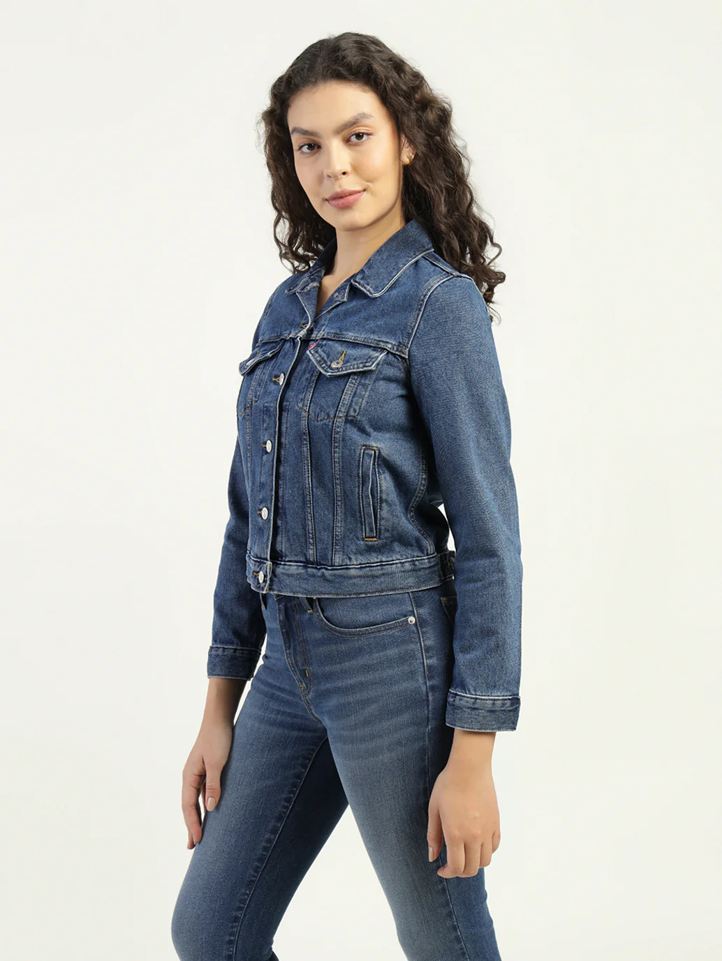 Women's Solid Dark Blue Spread Collar Denim Jacket - Image 5