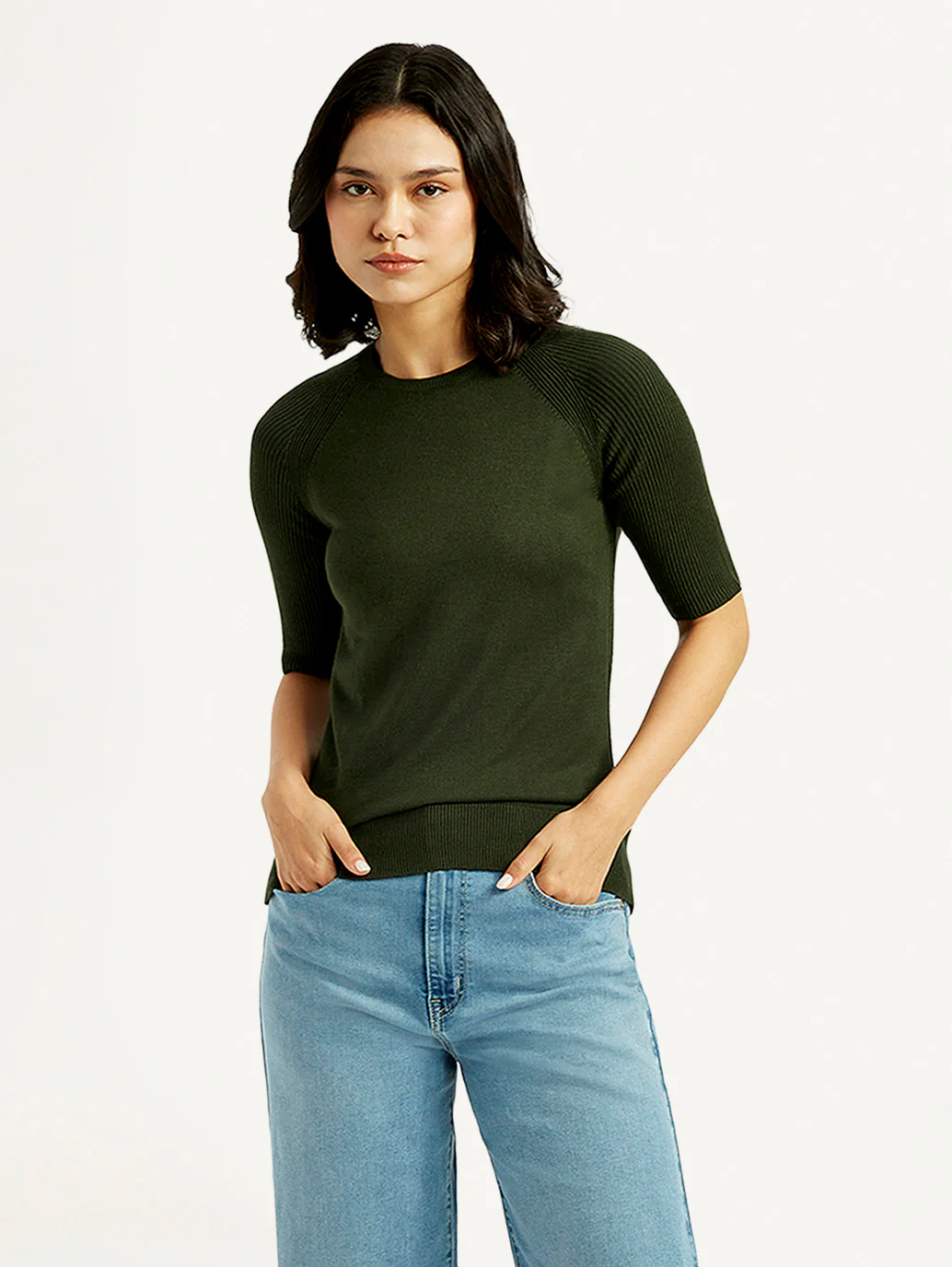 Women's Solid Dark Green Crew Neck Top