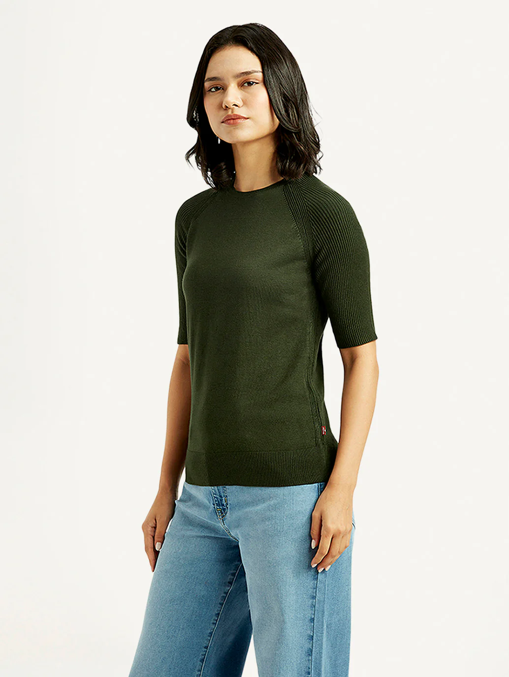 Women's Solid Dark Green Crew Neck Top - Image 2