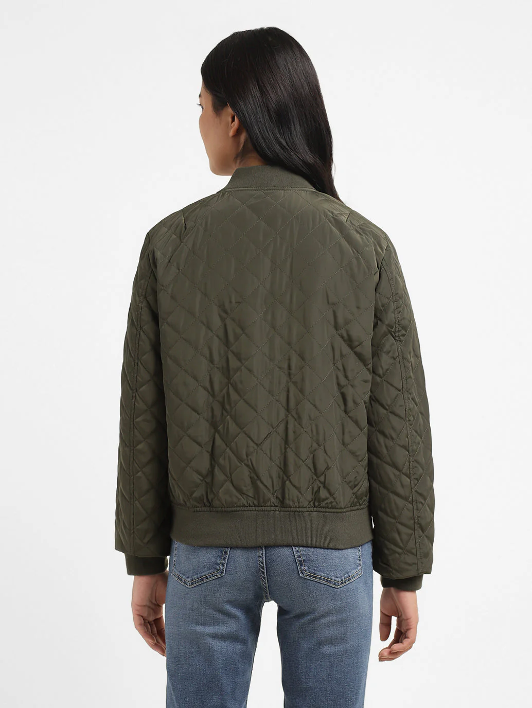 Women's Solid Green Collar Neck Bomber Jacket - Image 3