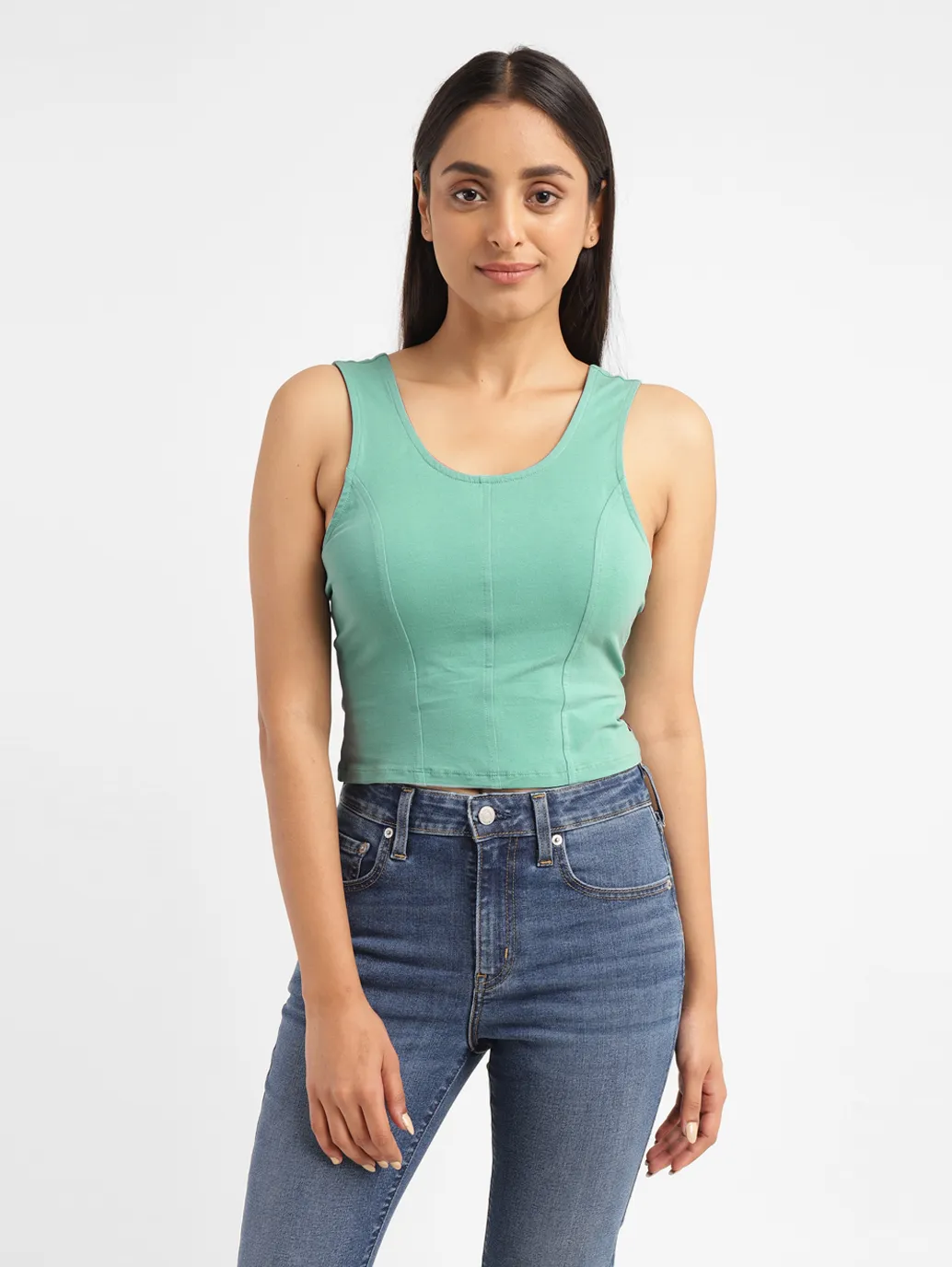Women's Solid Green Scoop Neck Crop Top - Image 2