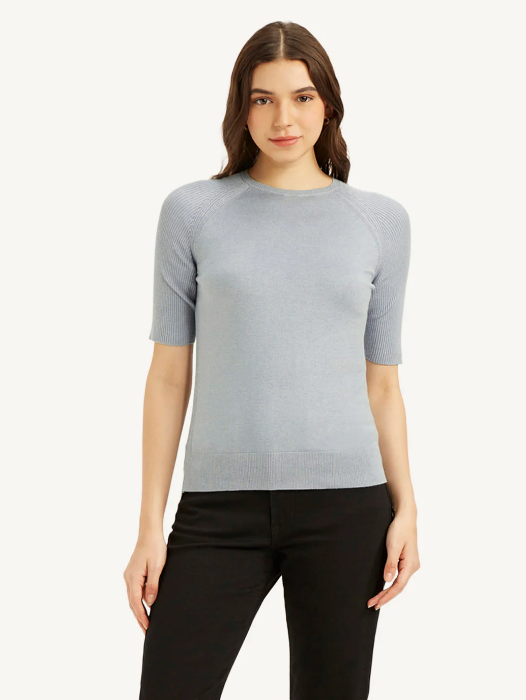 Women's Solid Greyish-Blue Crew Neck Top - Image 2
