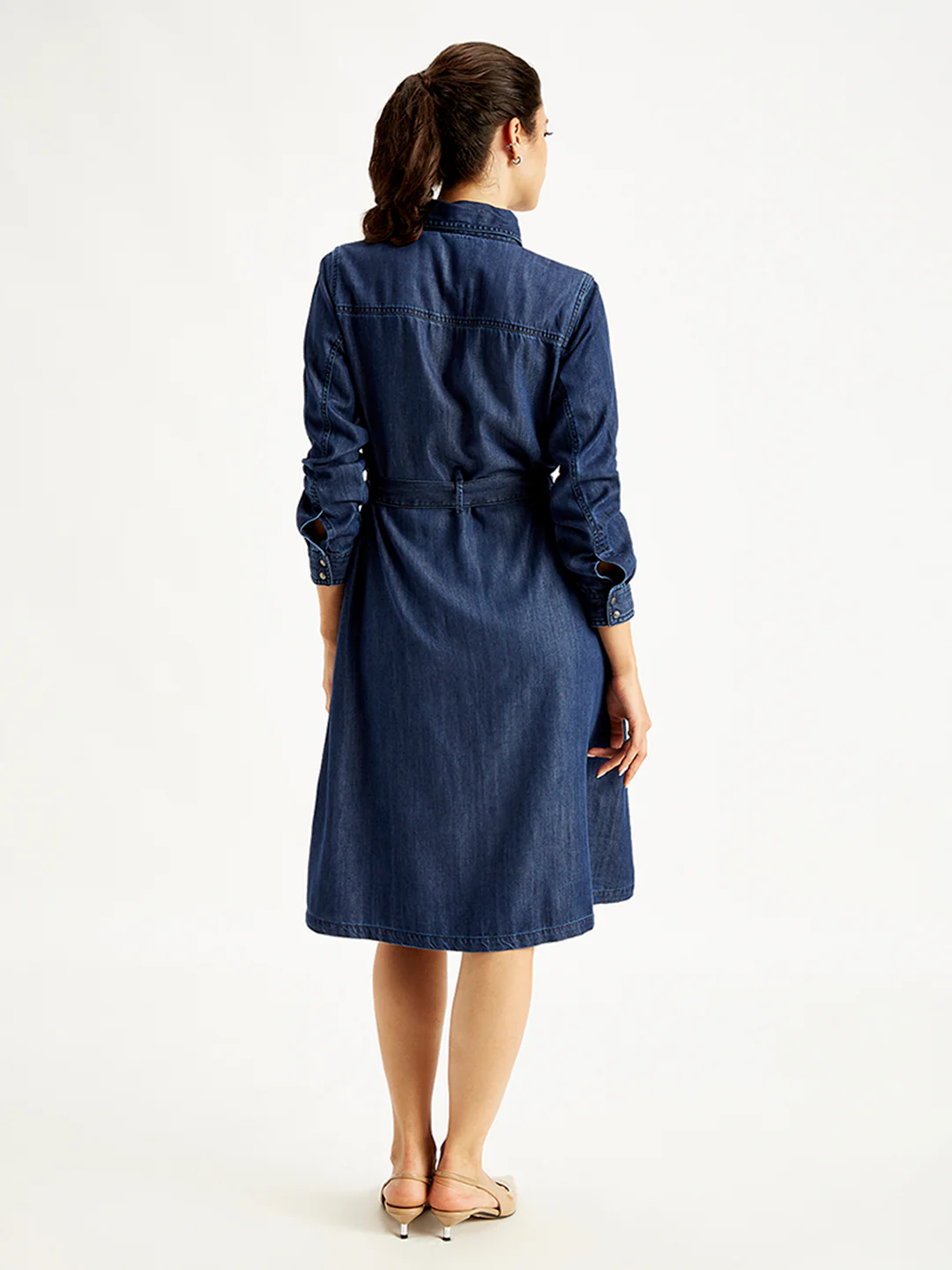 Women's Solid Indigo Spread Collar Shirt Denim Dress - Image 2