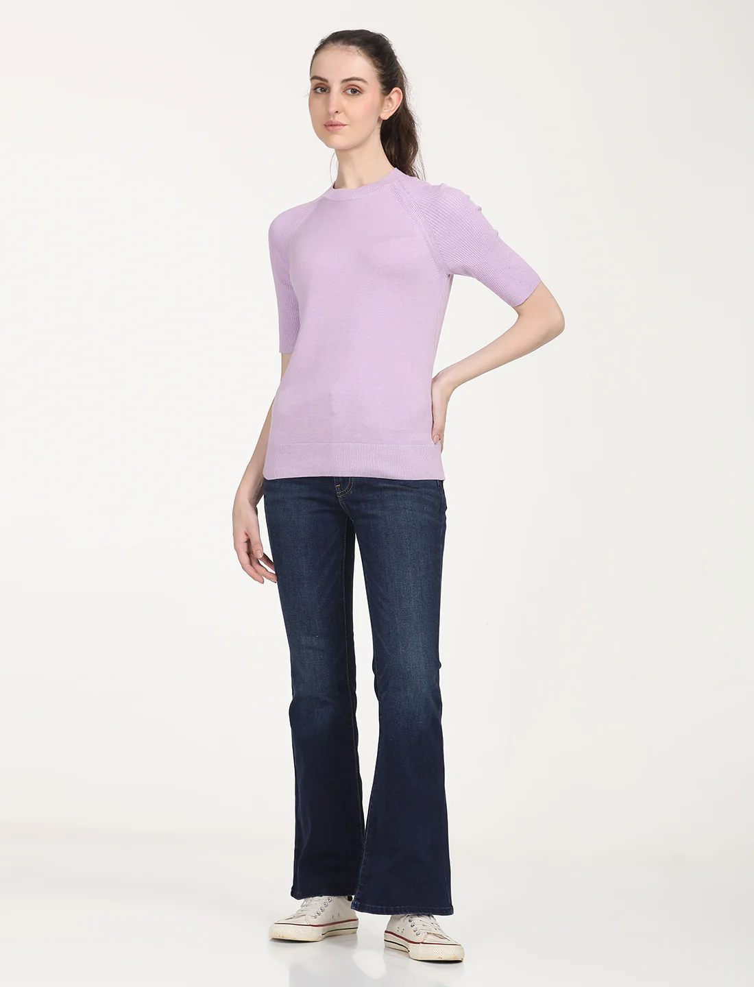 Women's Solid Lavender Crew Neck Sweater - Image 6
