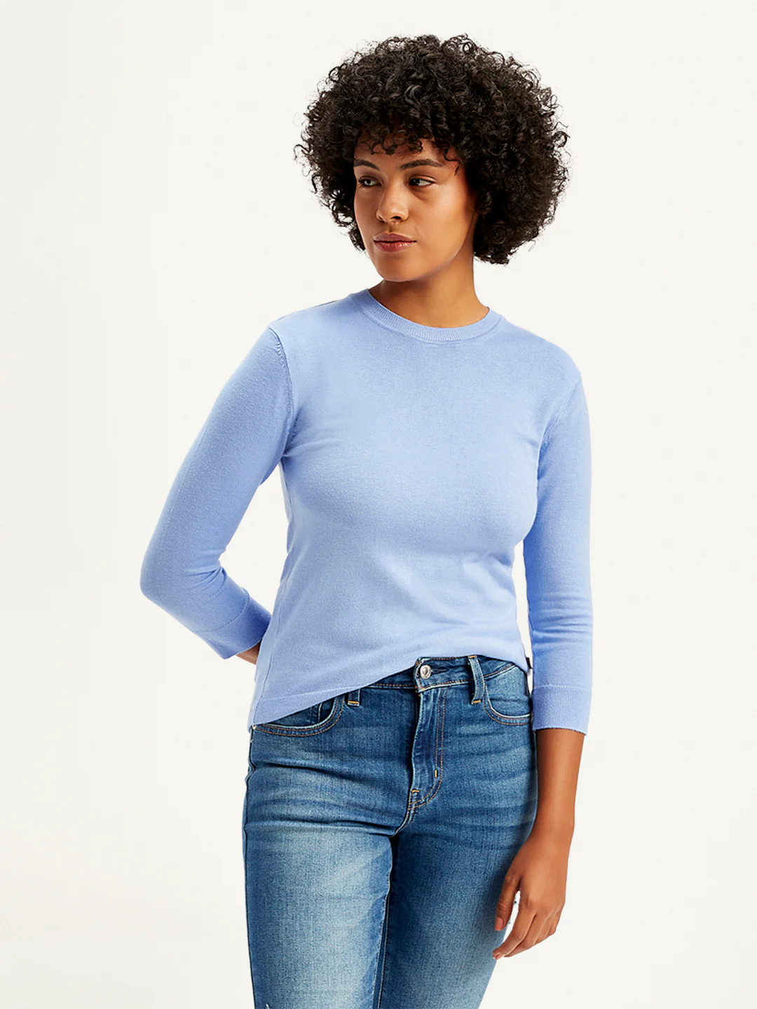 Women's Solid Light Blue Crew Neck Sweater - Image 5
