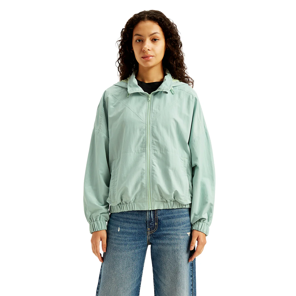 Women's Solid Light-Blue Hooded Windcheater Jacket - Image 5