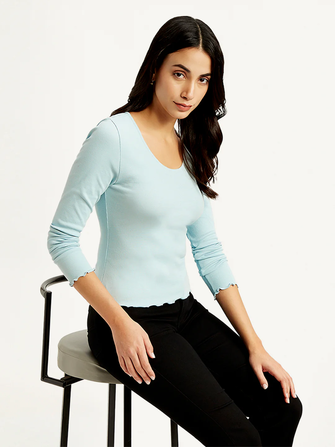 Women's Solid Light Blue Scoop Neck Top