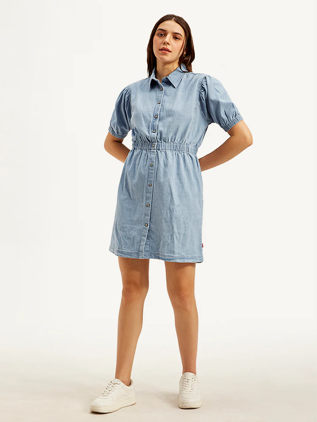 Women's Solid Light Blue Spread Collar Dress - Image 3